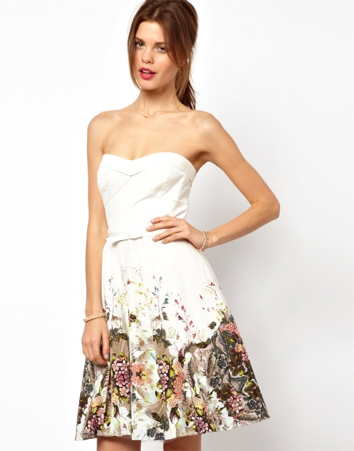 Silk Strapless Prom Dress with Delicate Floral Print