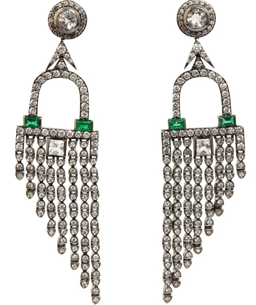 Diamond, Emerald & Rock Crystal Deco Fringe Earrings 