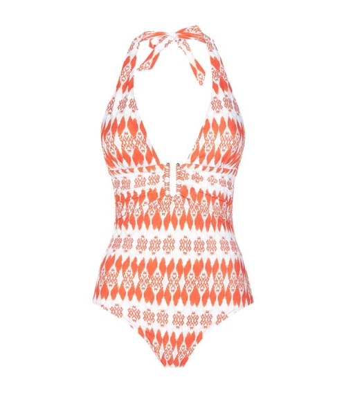 Full swimsuit with U-shaped neckline in white and orange